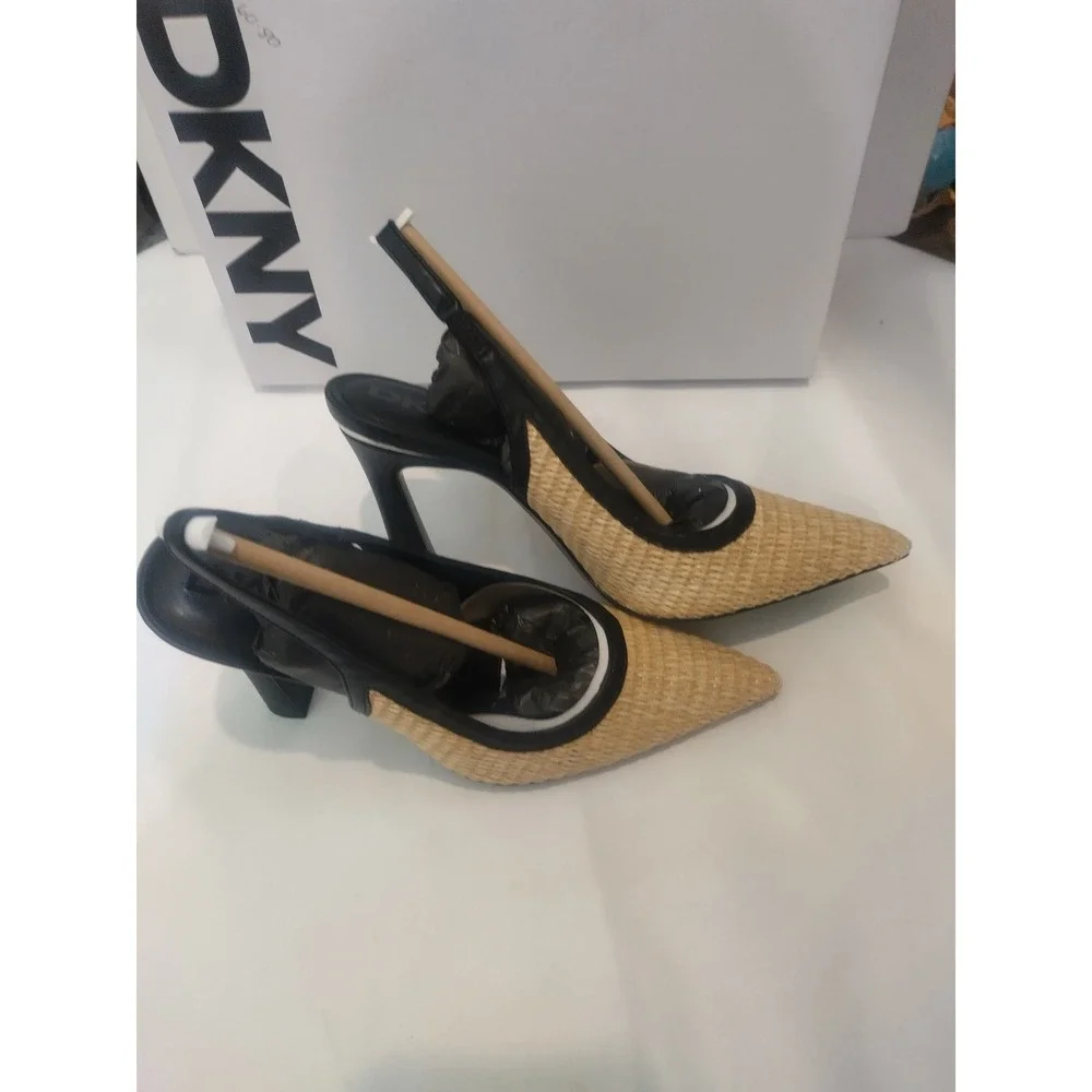 DKNY Cinette Slingback Pumps Natural Raffia Black Pointed Toe Heel K1526881 US 6 - Picture 1 of 8